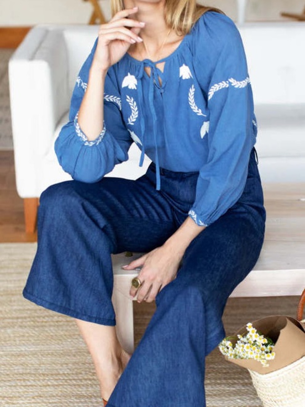 Emerson Fry India Collection Lucy Dove Embroidery Blouse Riviera Flax | S - Picture 4 of 7